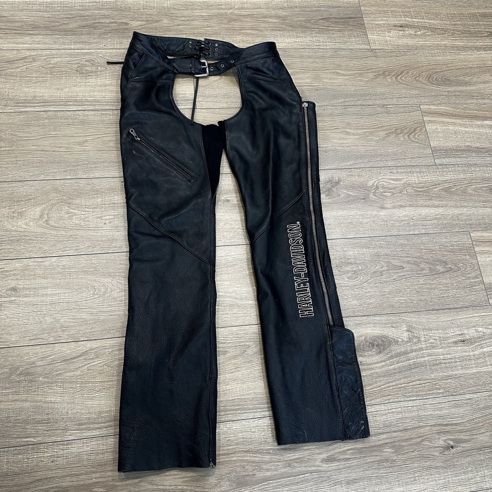 Harley Davidson Soft Black Leather Riding Chaps, Sz S Genuine Cowhide Leader Wom